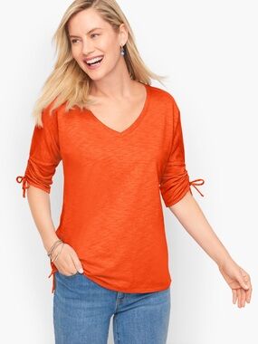 Talbots Bright Orange V-Neck Short Sleeve Top with Ruched Sleeve